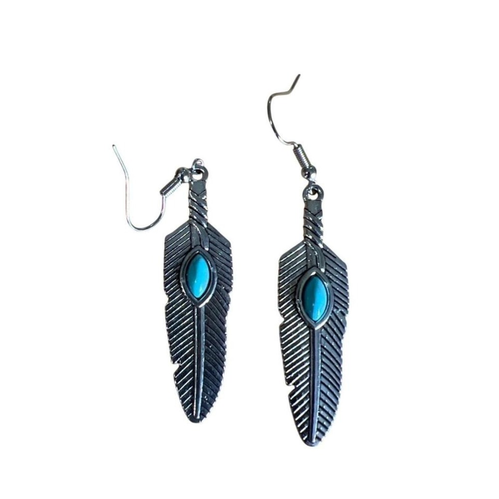 Feather Shaped Dangle Earrings Turquoise Style Southwestern Rodeo Cowgirl Boho